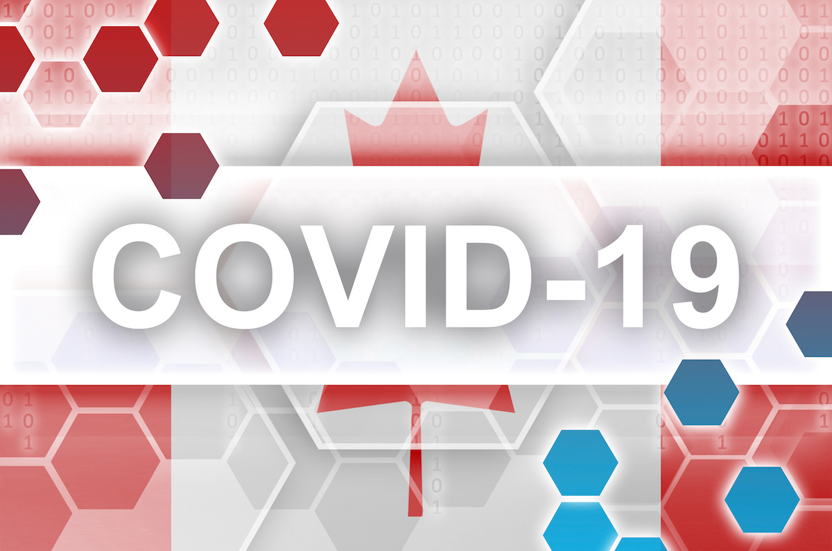 Canada flag and futuristic digital abstract composition with Covid-19 white inscription. Coronavirus outbreak concept